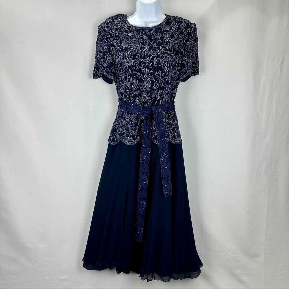 Papell Boutique Silk Beaded Dress Navy Blue Size 8
